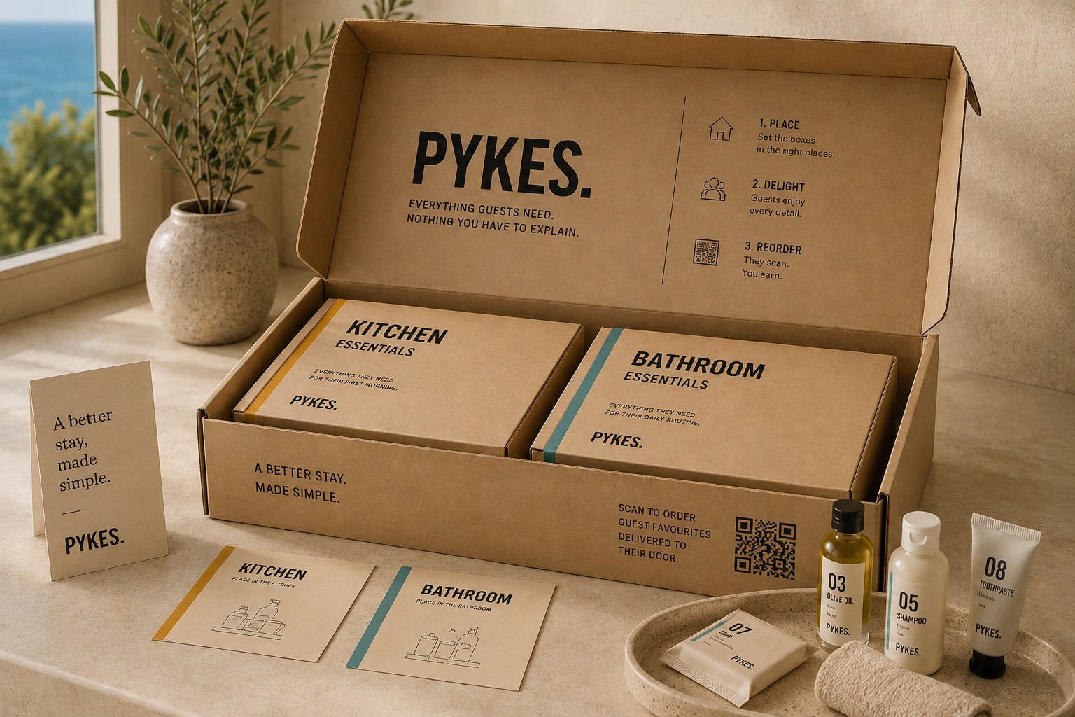 The PYKES Essential Pack — Kitchen Essentials and Bathroom Essentials boxes inside one kraft case