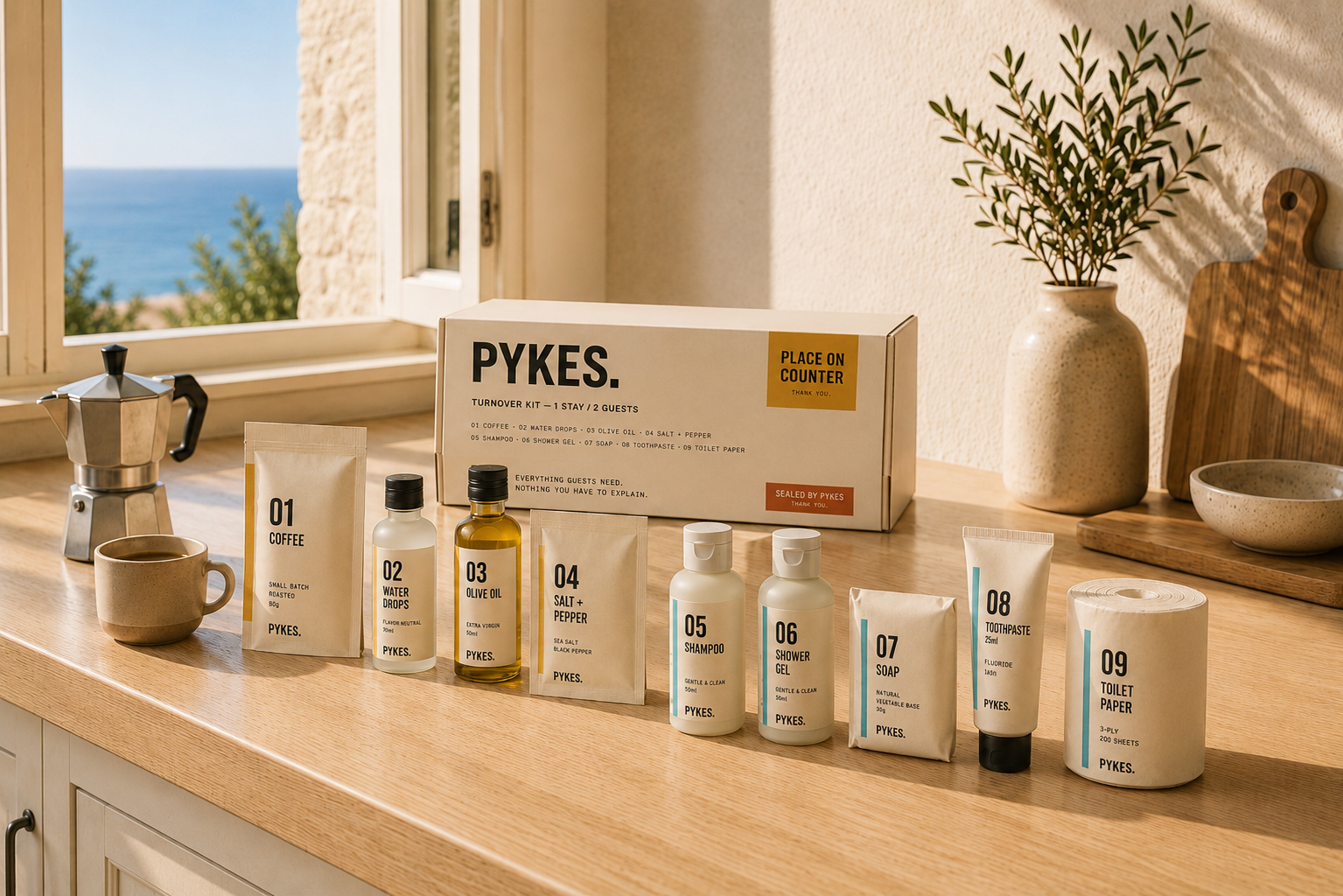 PYKES kitchen products beside a moka pot with the sea in the window